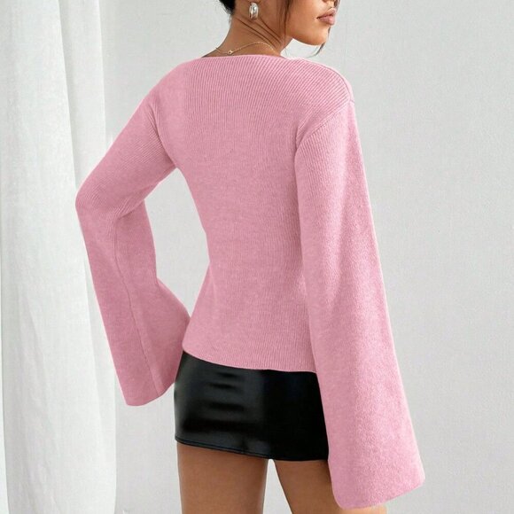 Pink Casual Women's Waist-button Cinched knit Cardigan - Picture 2 of 7